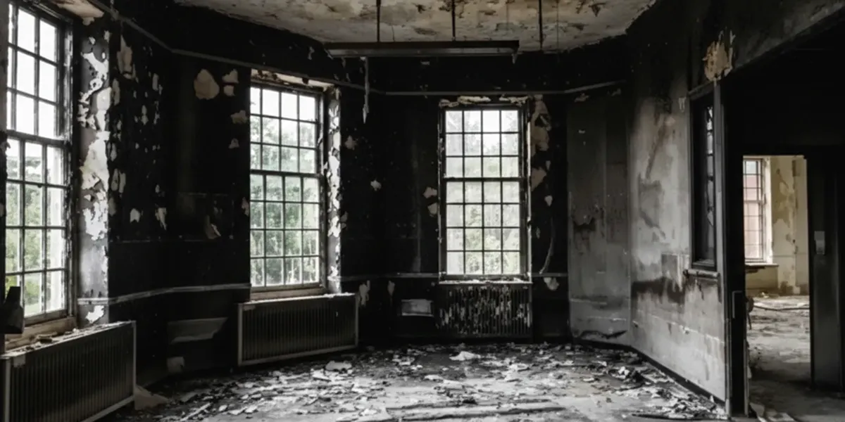 fire damage repair addressing severe interior damage and smoke residue inside a burned home in Columbia, MO